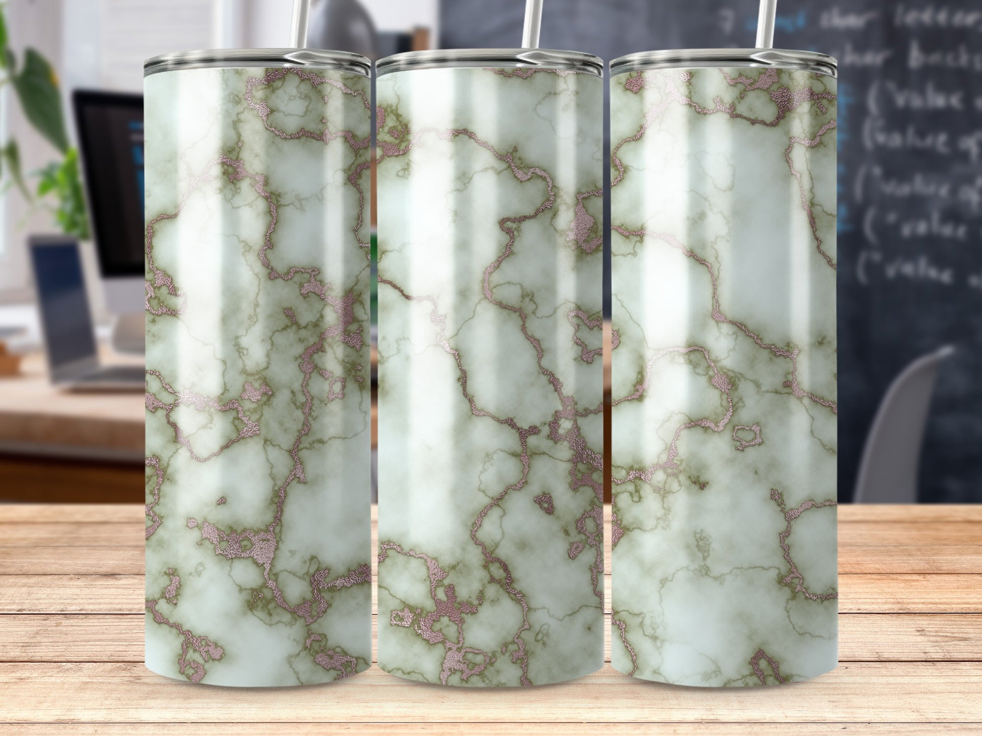 Pale Green White Marble Rose Gold Glitter Veins Tumbler product type