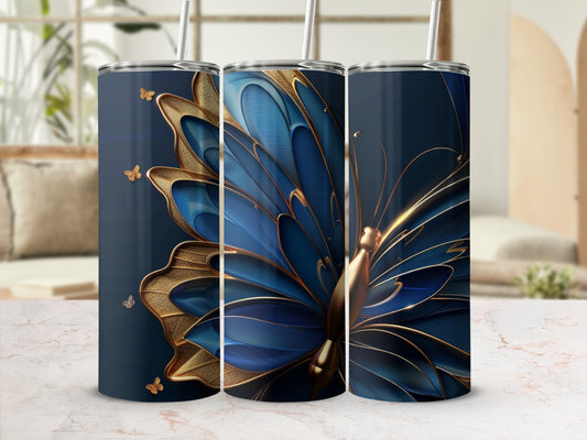 Three tumblers featuring a blue and gold butterfly design on a dark blue background.