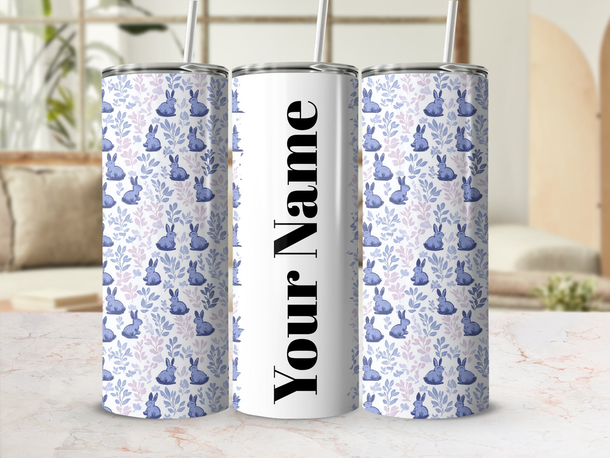 Personalized Cute Blue Bunny Design Tumbler Cup