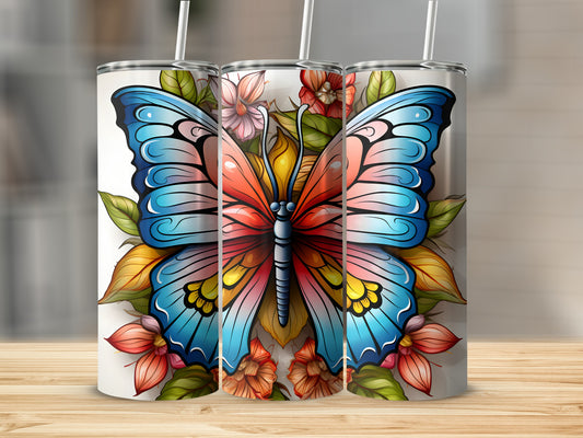 Three tumblers featuring a vibrant butterfly with colorful wings surrounded by flowers.