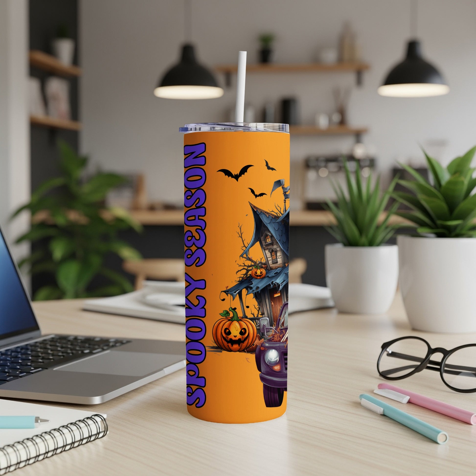 Orange tumbler with "SPOOKY SEASON" and a Halloween scene.