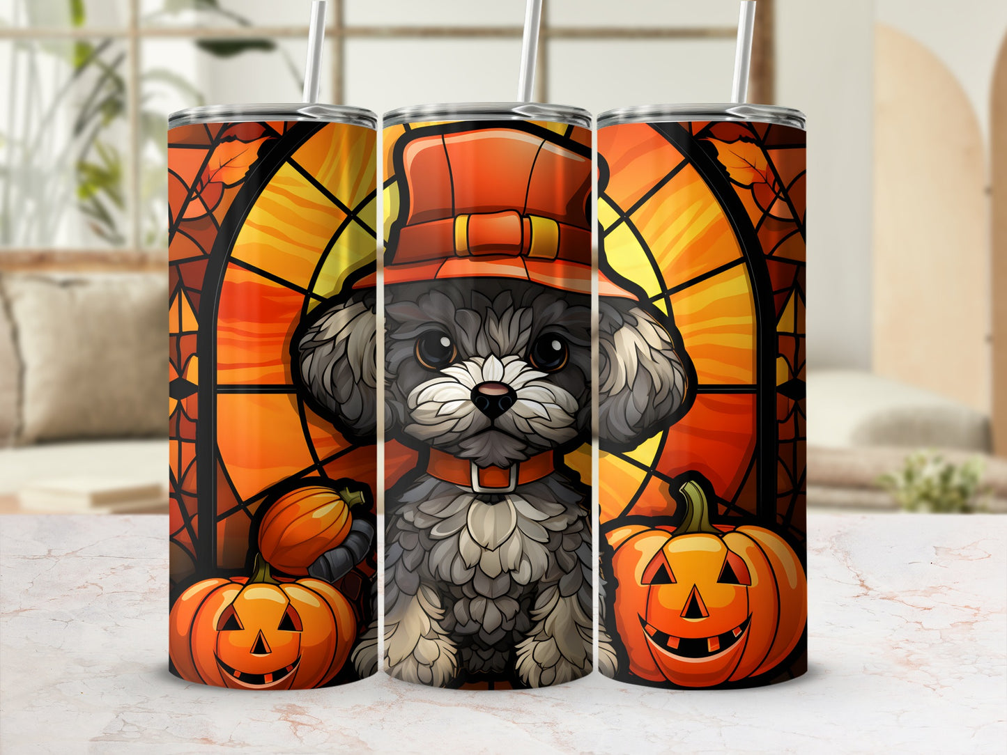 Three tumblers with Halloween dog and pumpkin design, set against a stained-glass background.