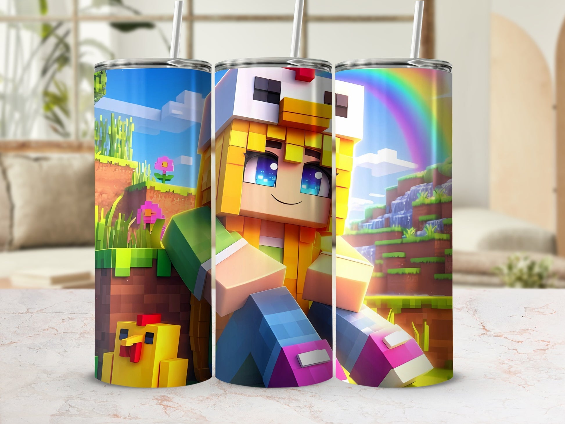 Minecraft Themed Tumblers with Pixel Art Design