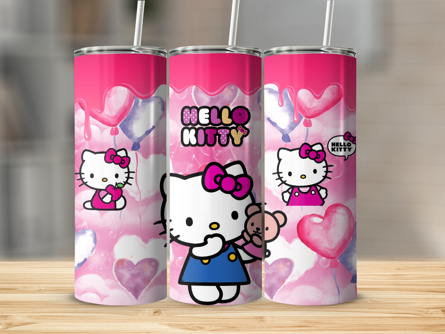 Hello Kitty Design Tumbler with Heart Motif and Straw