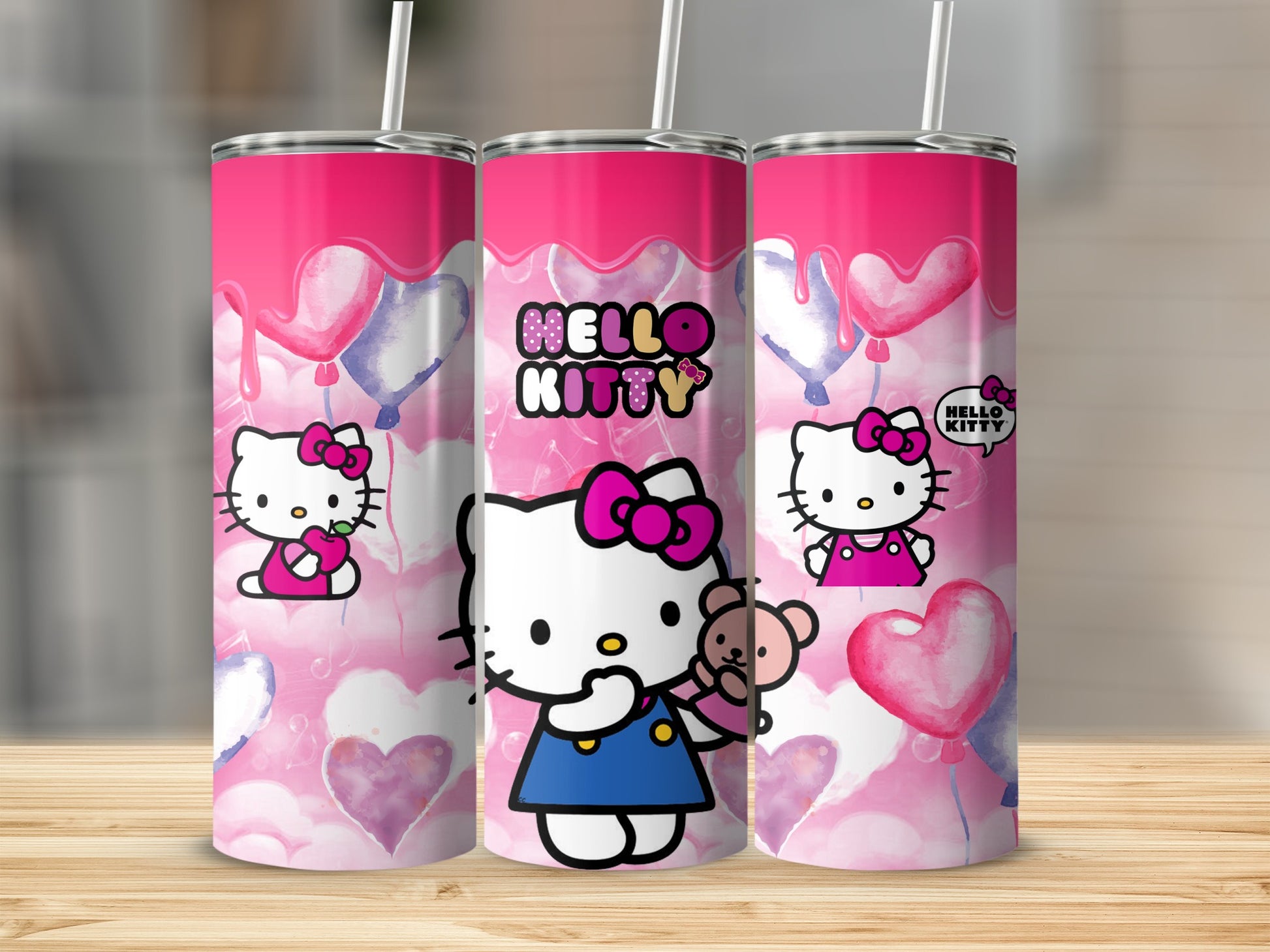 Hello Kitty Design Tumbler with Heart Motif and Straw