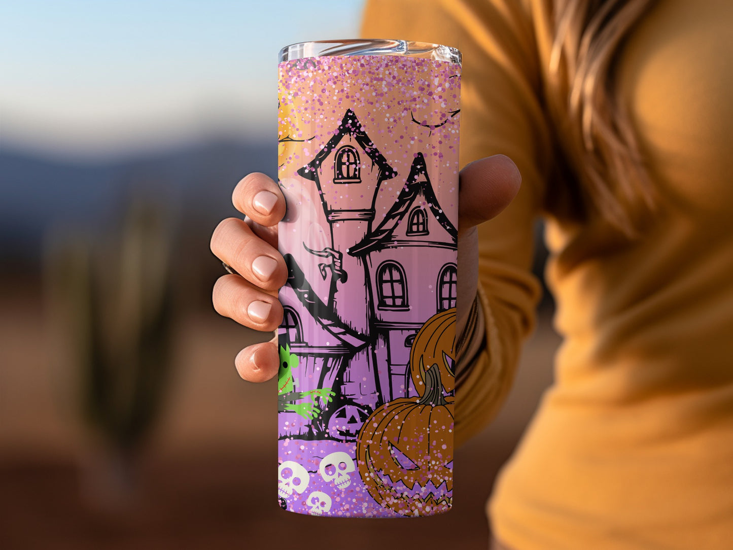 Spooky Halloween Haunted House Tumbler Flask