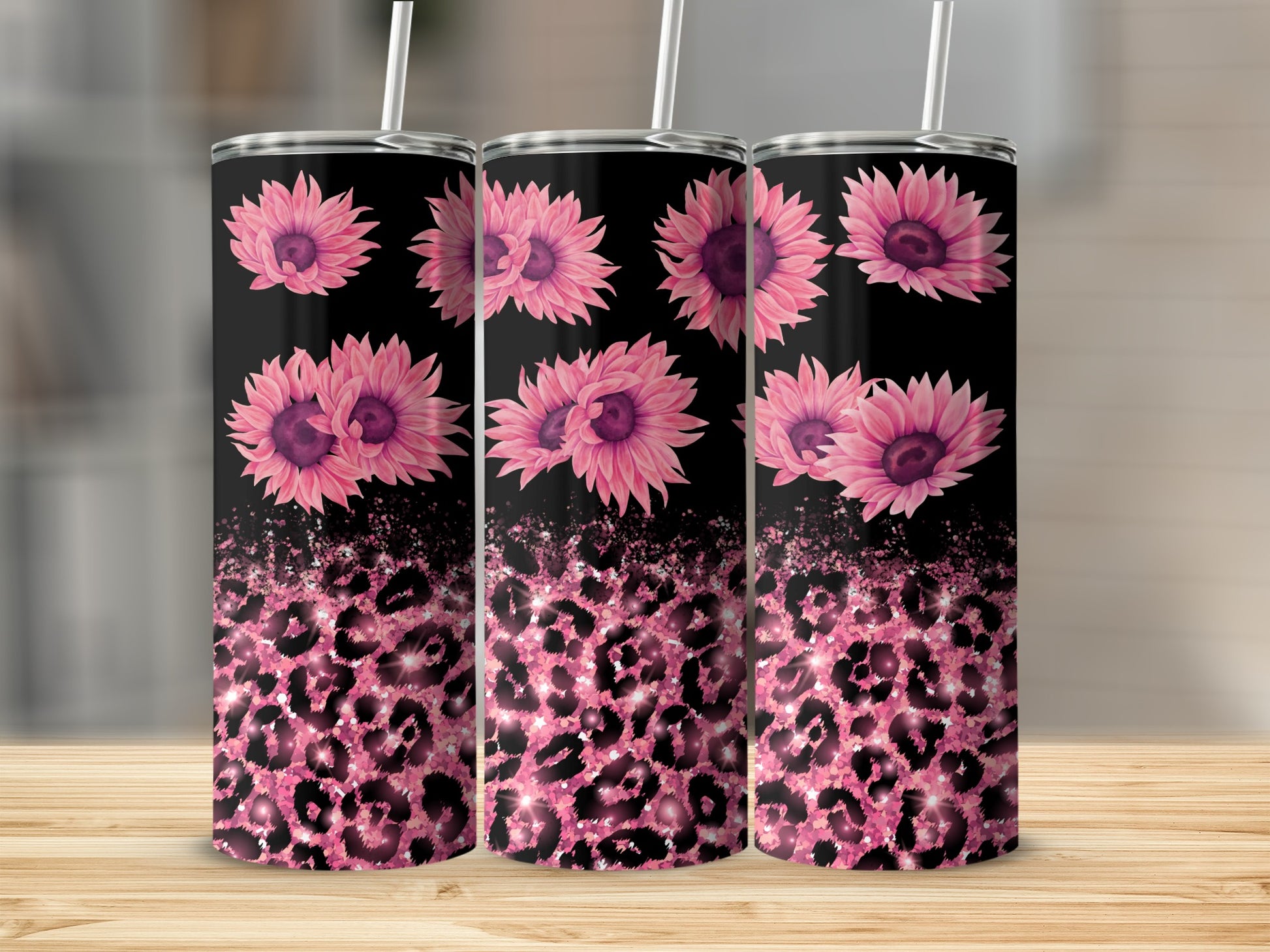 Three pink floral tumblers with glittery leopard print pattern.