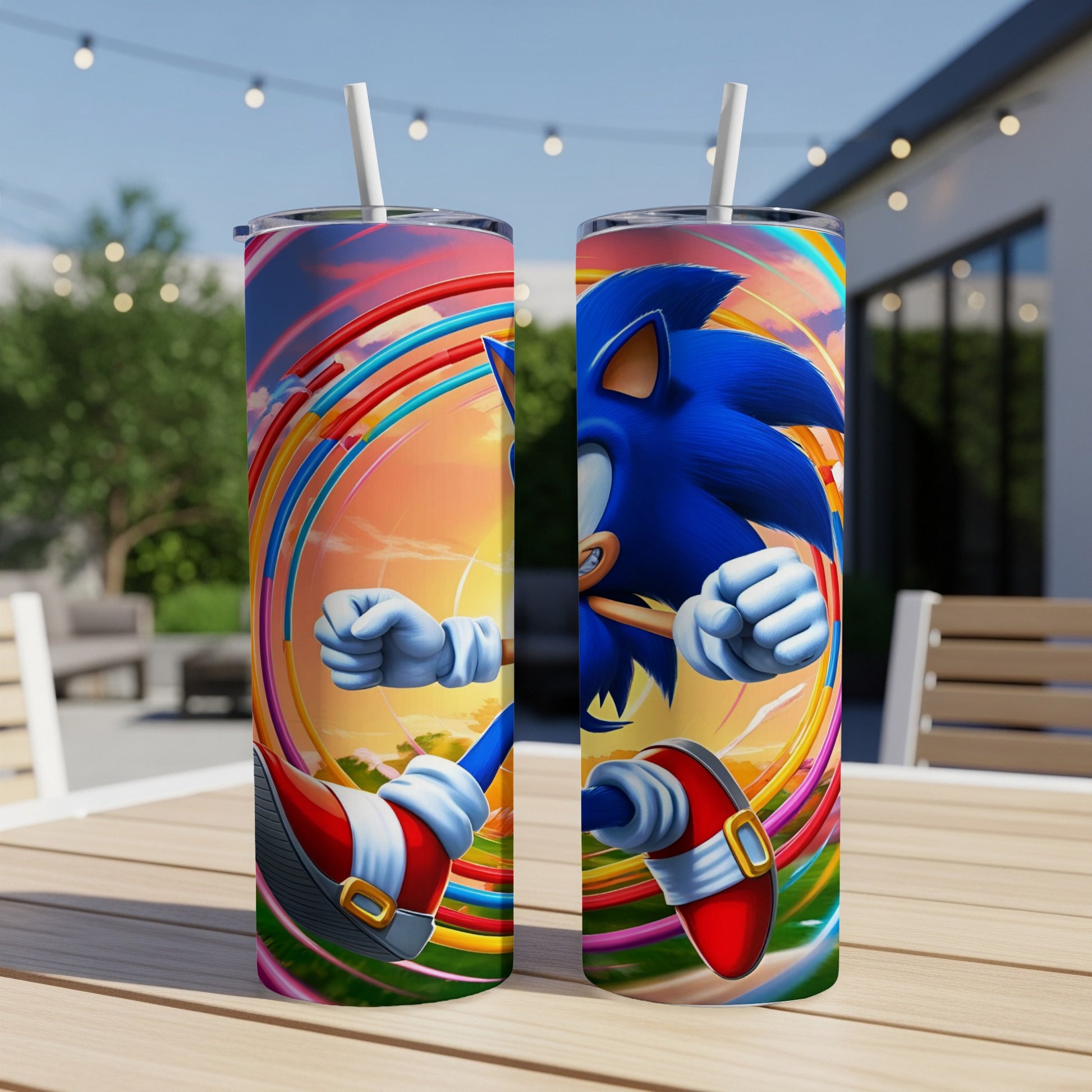 Sonic the Hedgehog running in a vibrant, colorful loop on a tumbler.