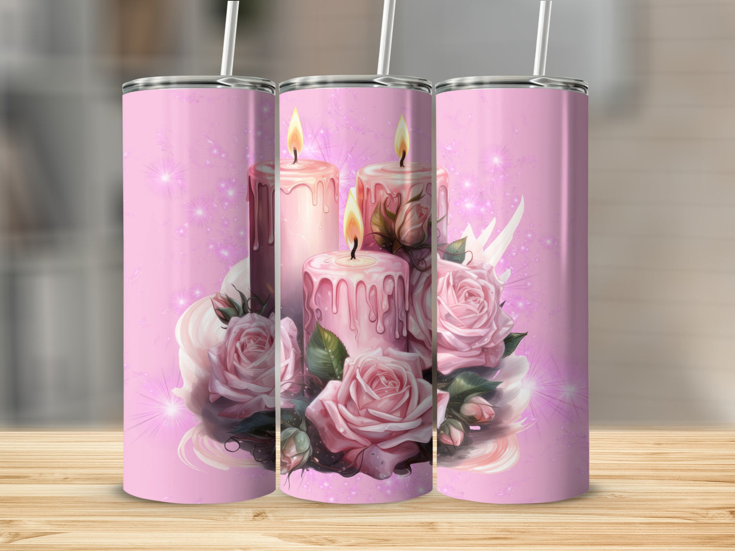 Pink Candles and Roses Design Tumbler Cup