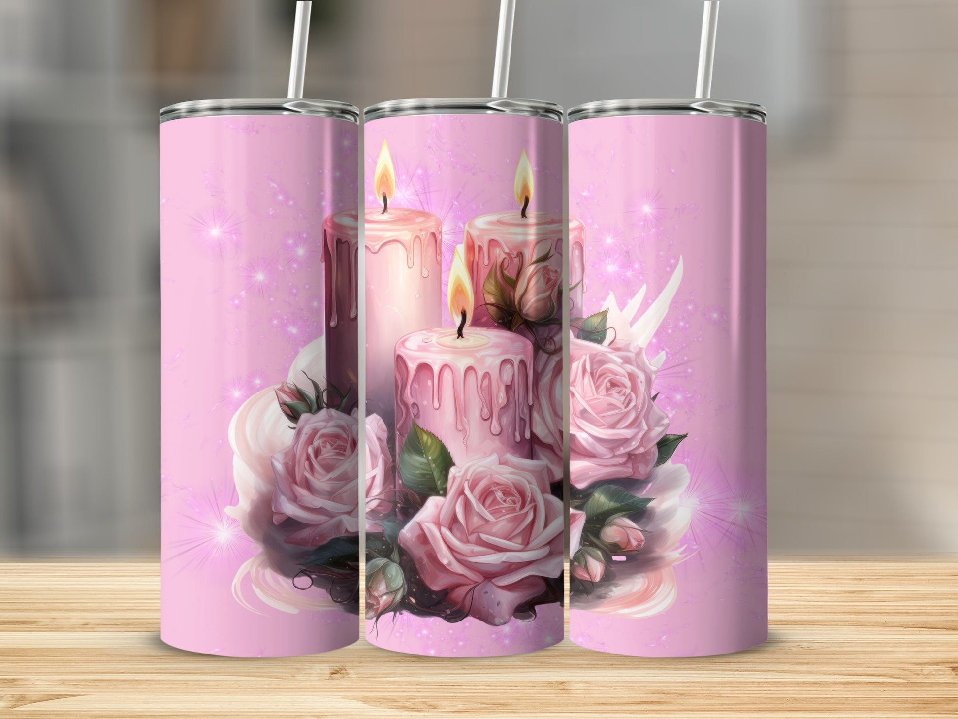 Pink Candles and Roses Design Tumbler Cup