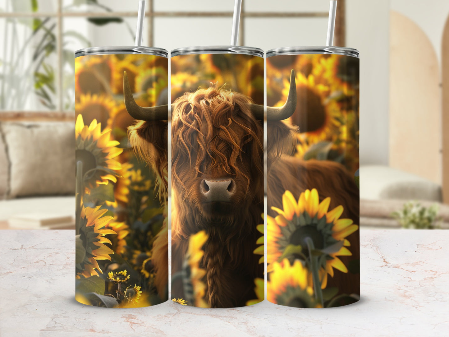 Highland cow in sunflowers, presented on three tumblers.