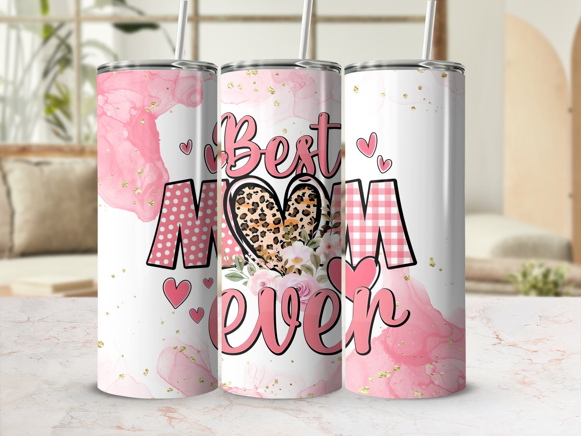 Best Mom Ever Pink Leopard Heart Tumbler