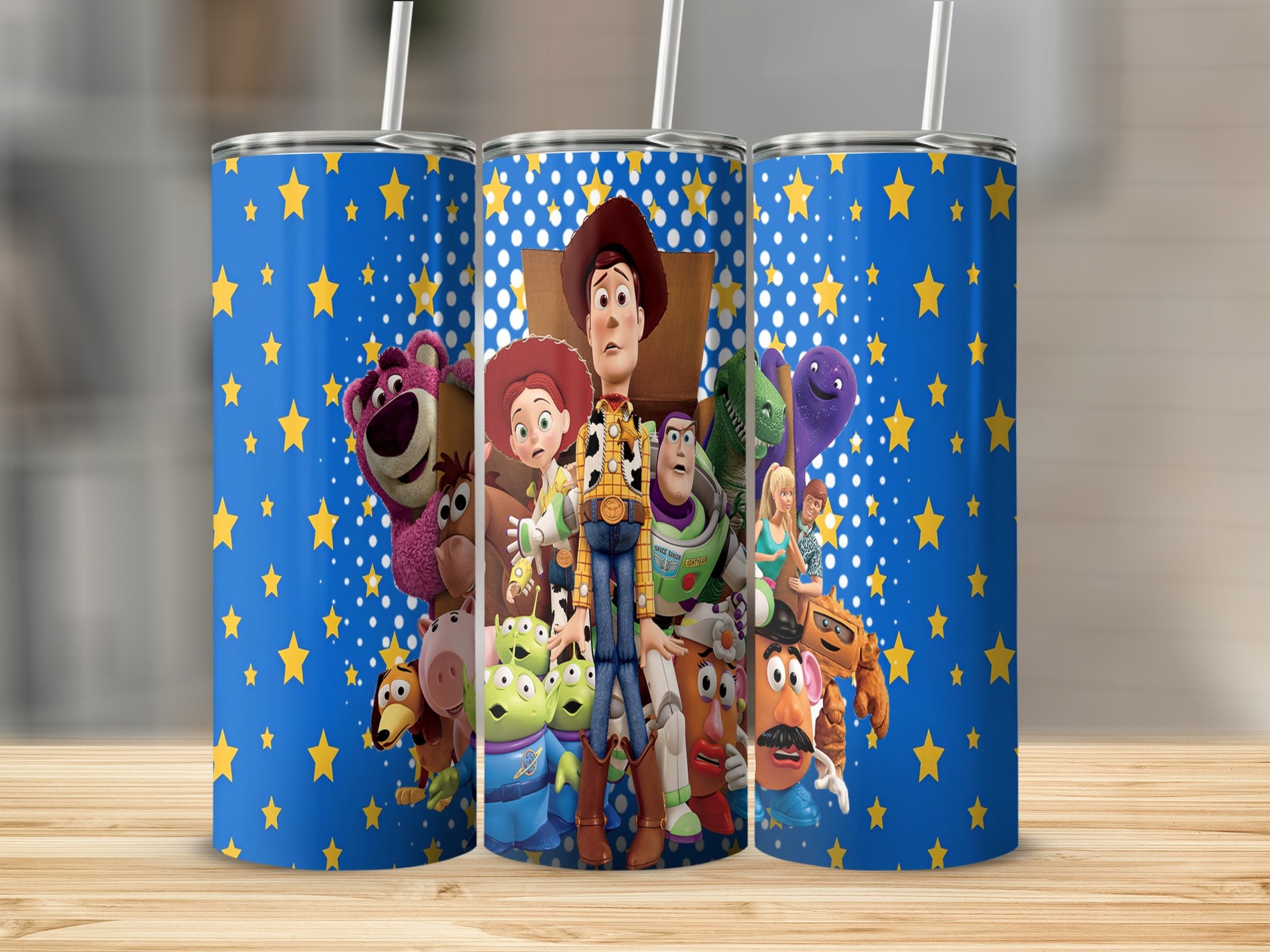Toy Story characters on a blue background with yellow stars.