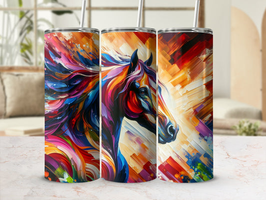 Colorful abstract horse portrait on a tumbler with straws.