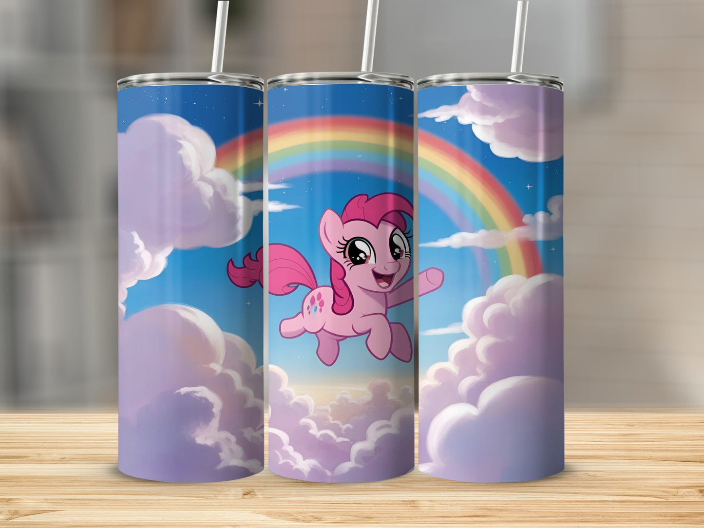 Pinkie Pie from My Little Pony flying through clouds with a rainbow.