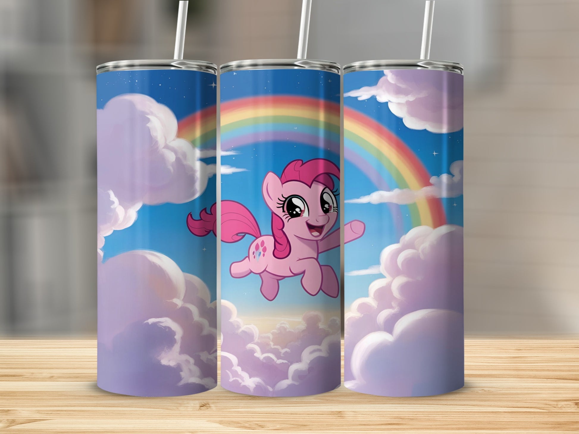 Pinkie Pie from My Little Pony flying through clouds with a rainbow.
