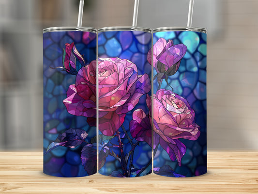 Three tumblers feature stained glass-style pink roses against a blue mosaic background.