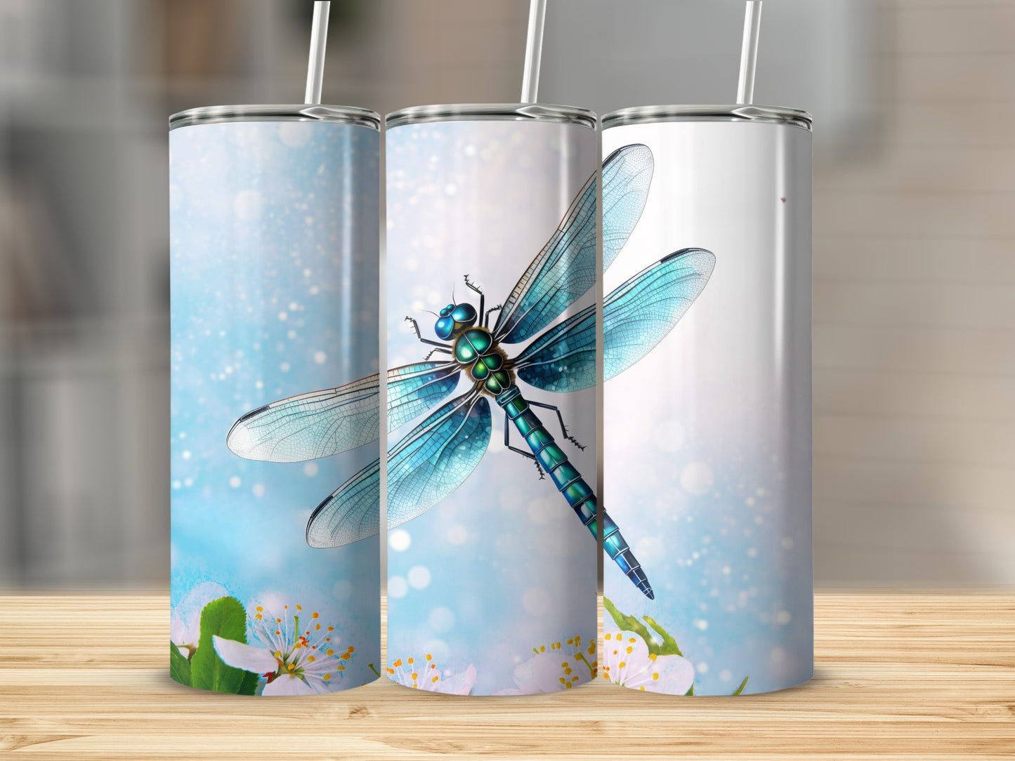 Blue Dragonfly Design with Flowers Tumbler