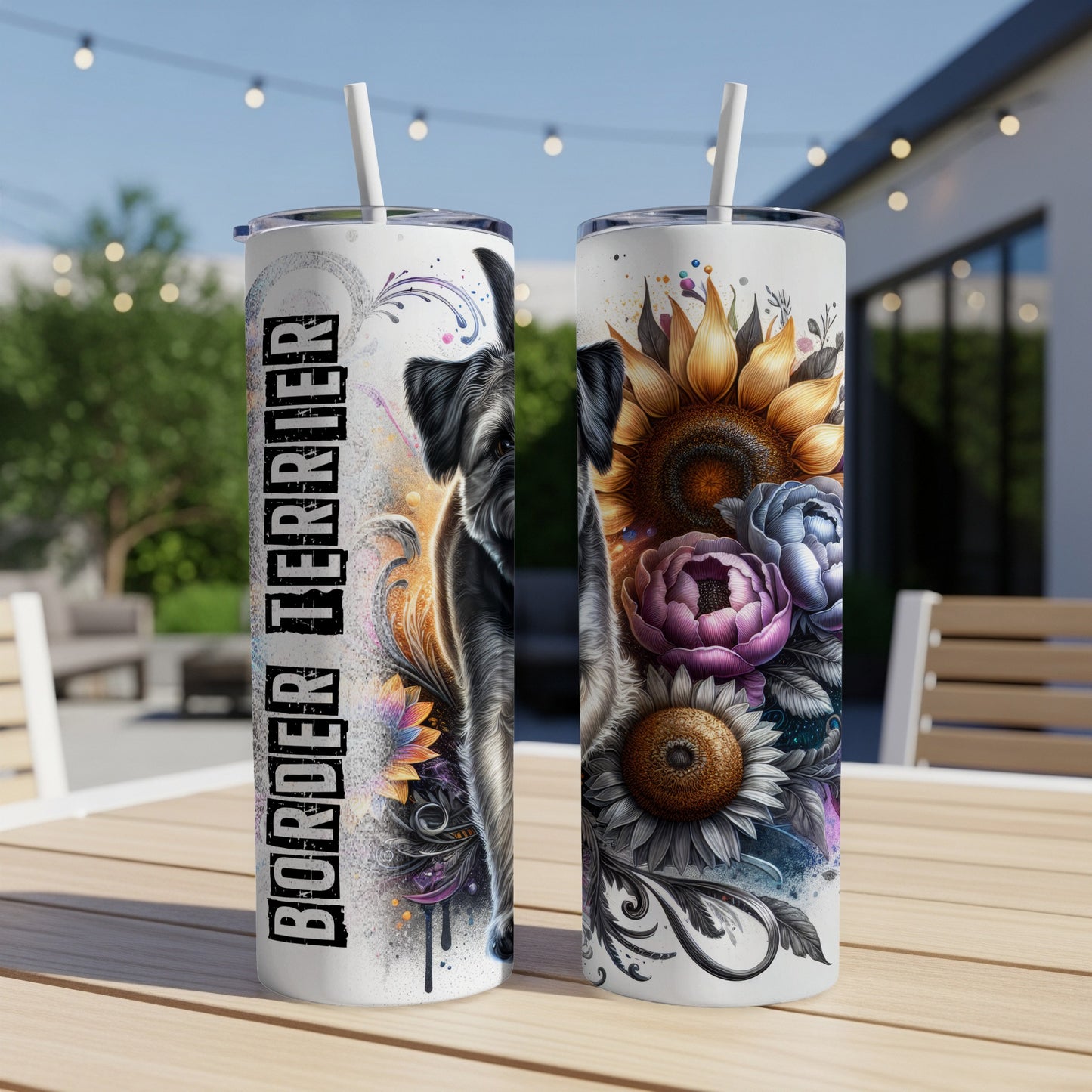 Two tumblers with floral designs and a dog graphic, one reads "BORDER TERRIER".