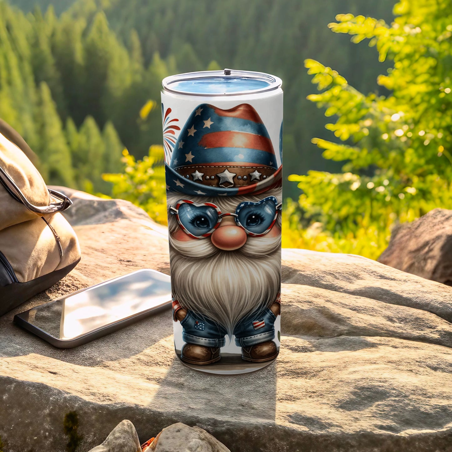 Patriotic gnome with stars and stripes hat and sunglasses on a tumbler.