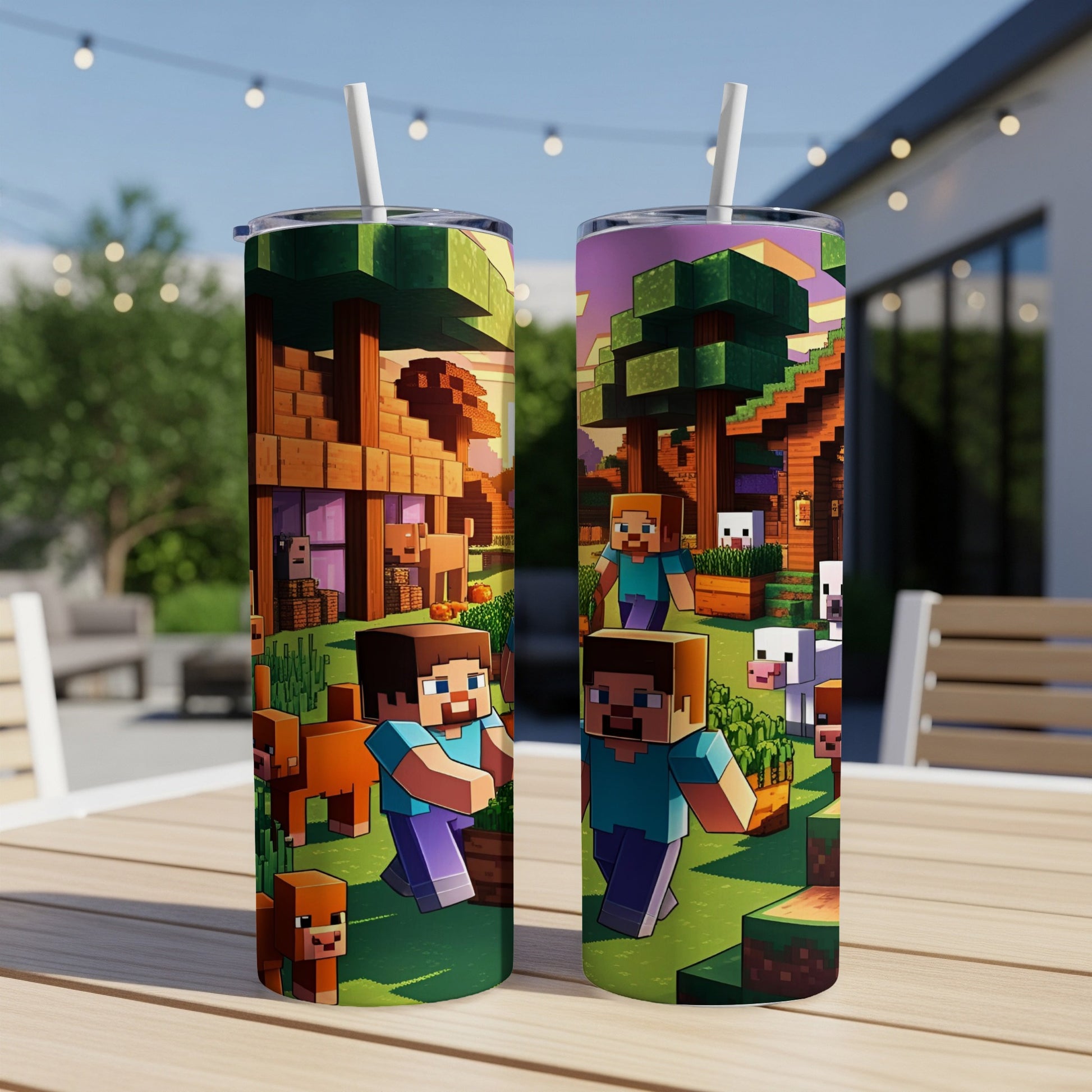 Minecraft characters Steve and Alex with animals in a pixelated environment.