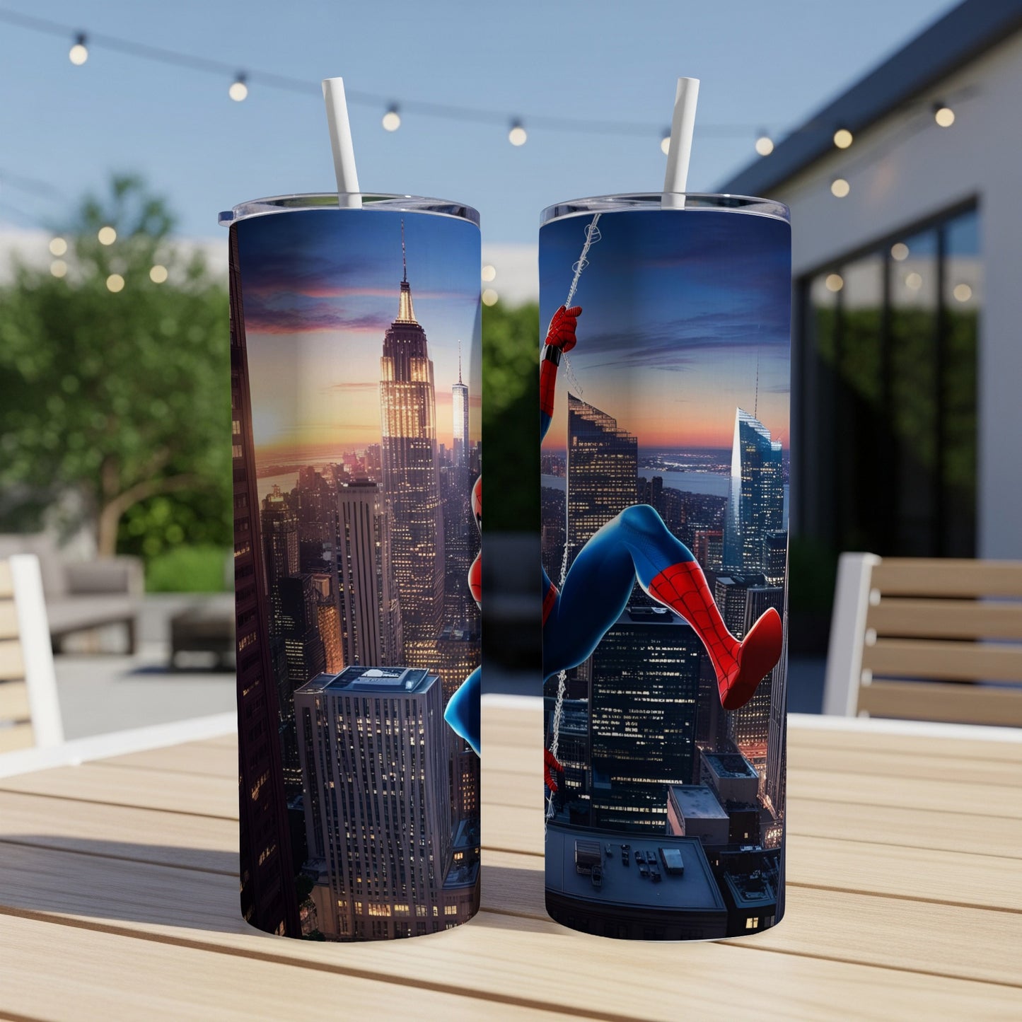 Spiderman swinging across New York City skyline on two tumblers.