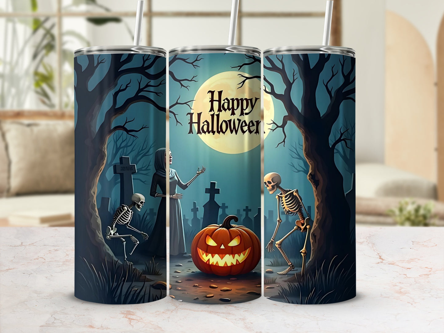 Halloween tumbler with skeletons, pumpkin, and "Happy Halloween" text in a graveyard scene.