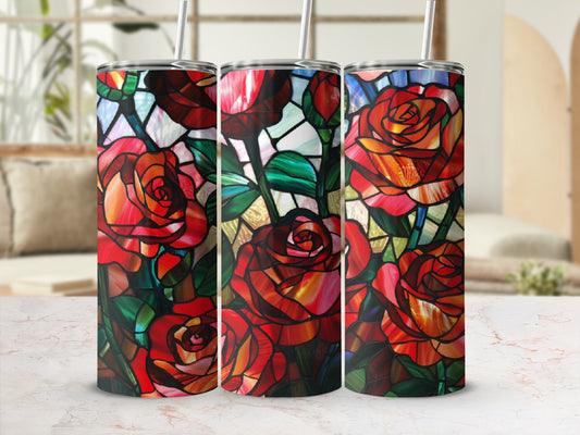 Three tumblers with stained glass rose pattern.