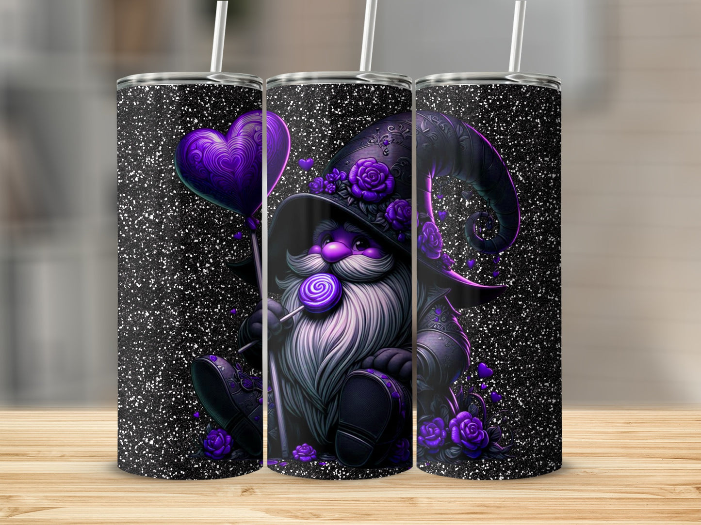 Sparkling Purple Gnome with Heart Tumbler Design