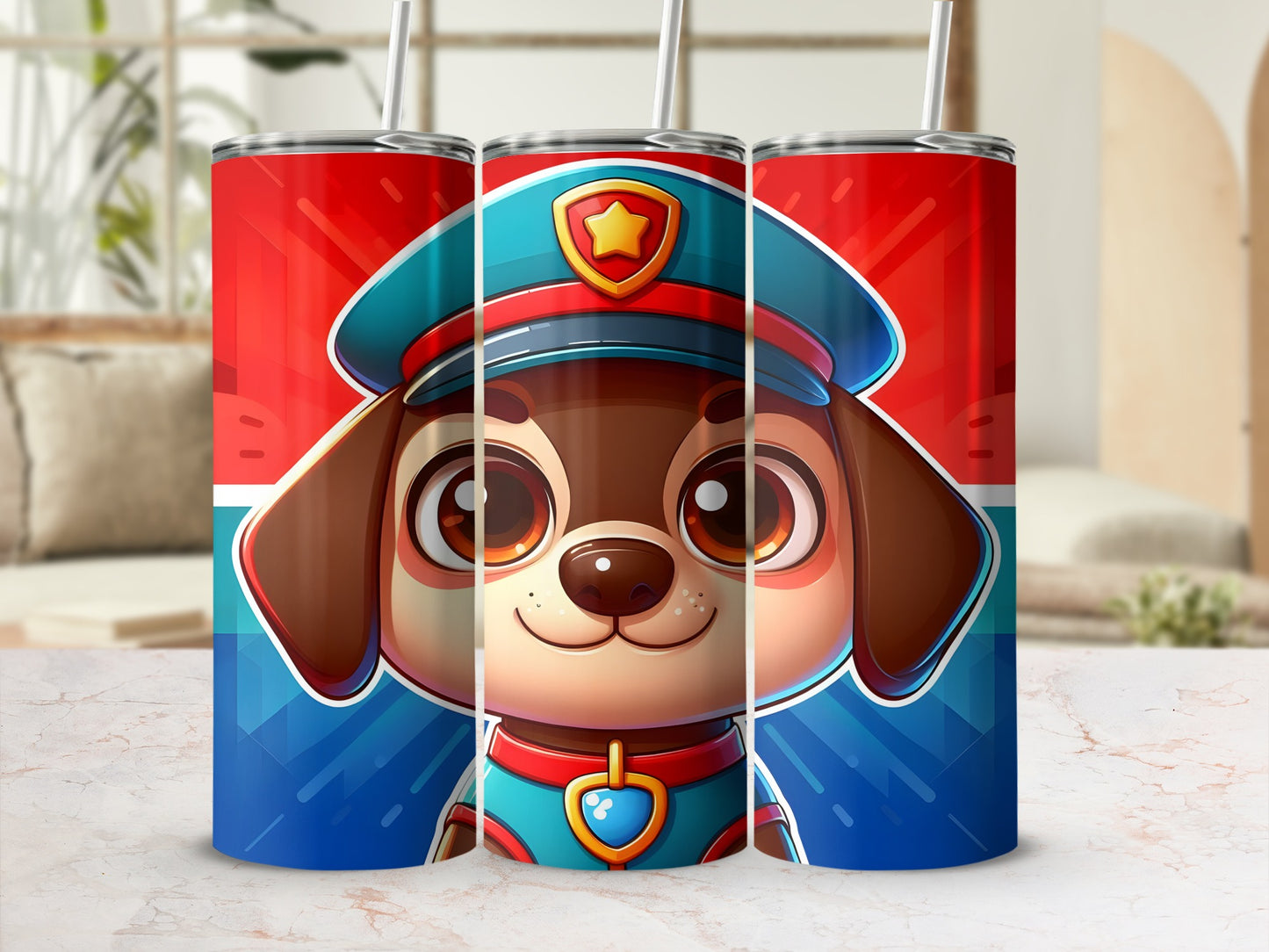 Cartoon dog police officer design on three tumblers.