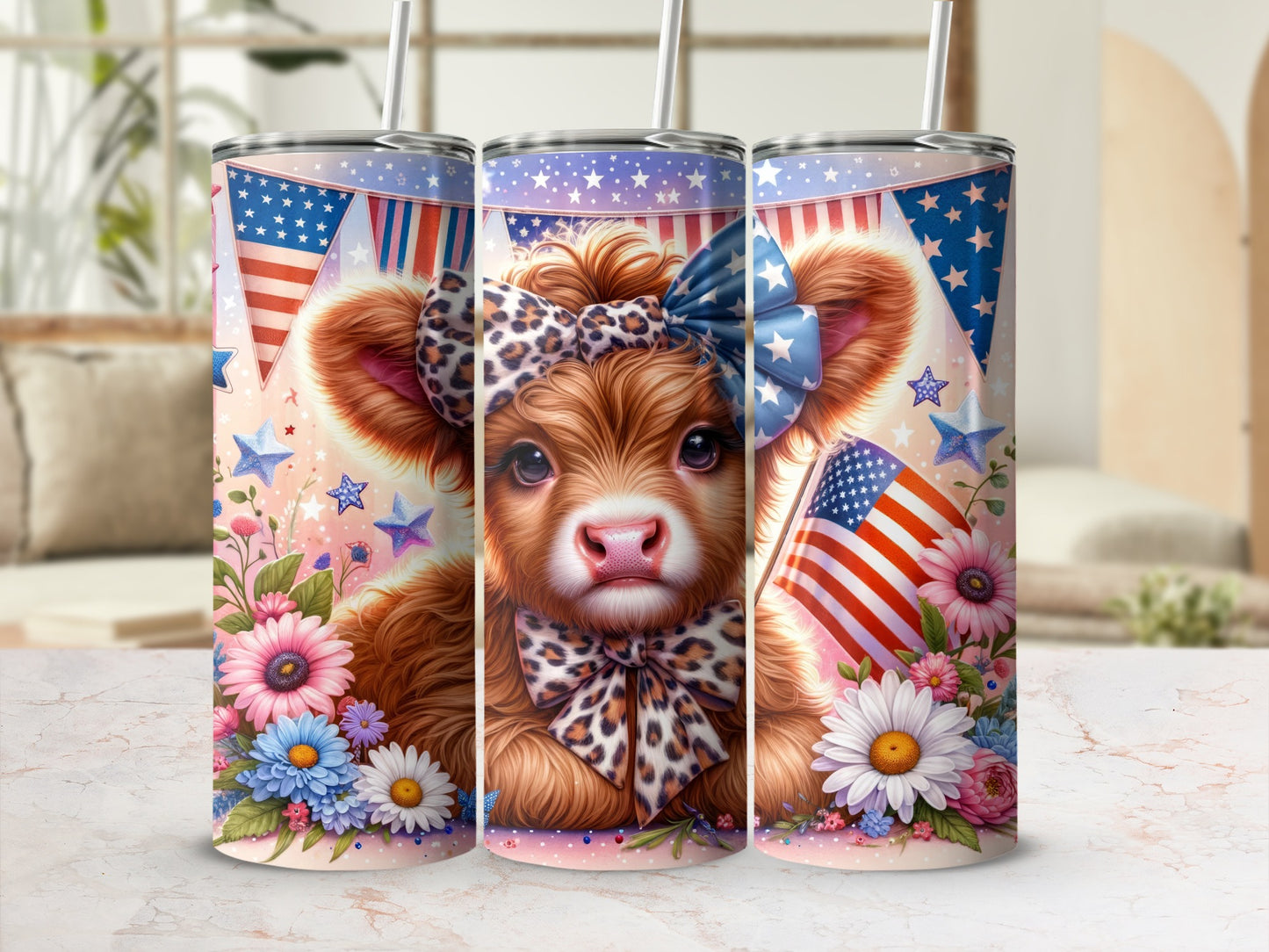 Cute cow with American flag bandana and bow, surrounded by flowers and stars.