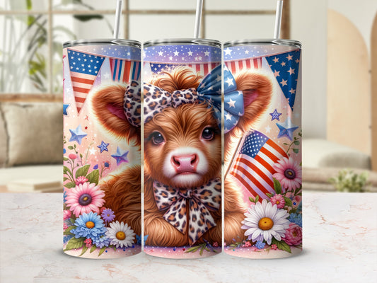 Cute cow with American flag bandana and bow, surrounded by flowers and stars.