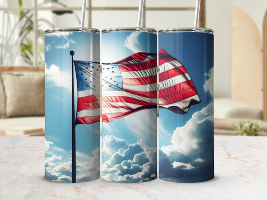 American flag in the wind on a blue sky background.