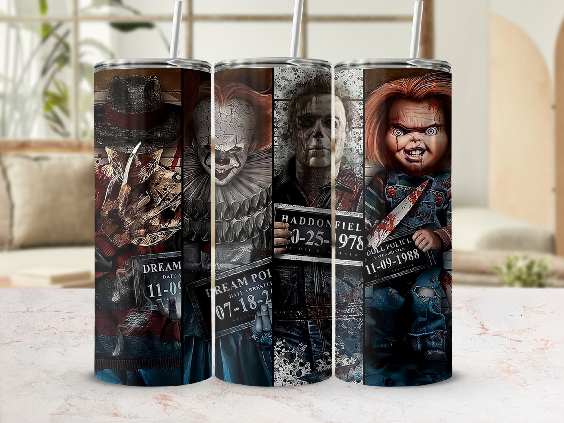 Four horror characters on tumblers, including Freddy Krueger, Pennywise, Michael Myers, and Chucky.