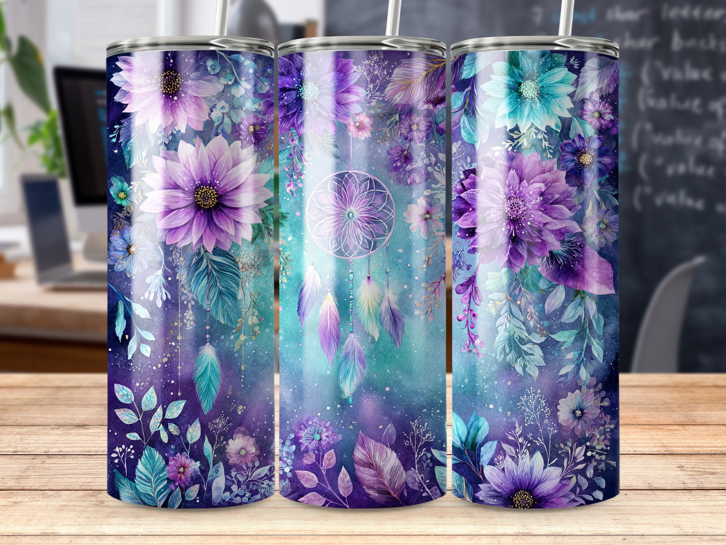 Colorful Floral and Dreamcatcher Artwork Tumbler
