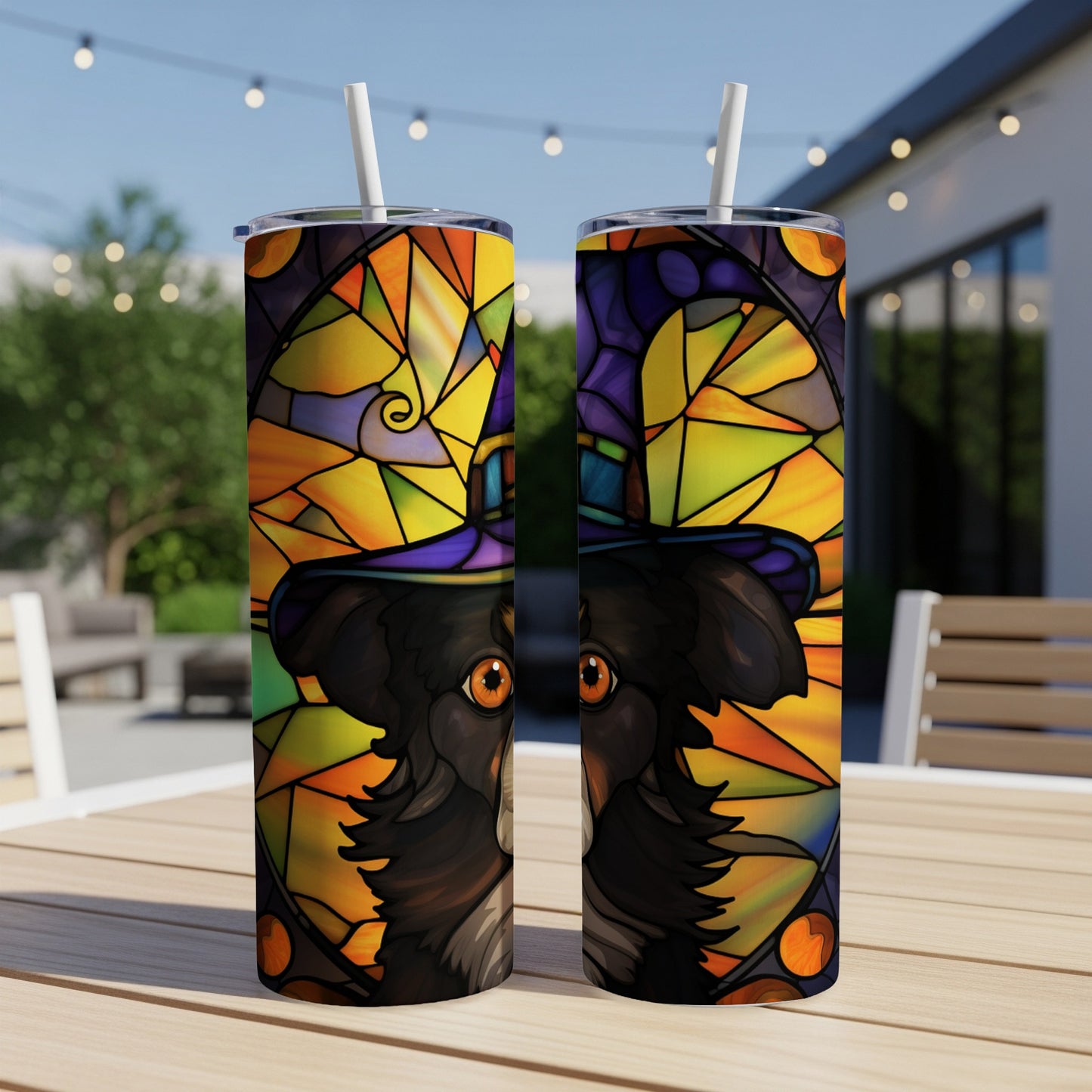 Two tumblers with a dog wearing a witch hat, set against a stained glass background.