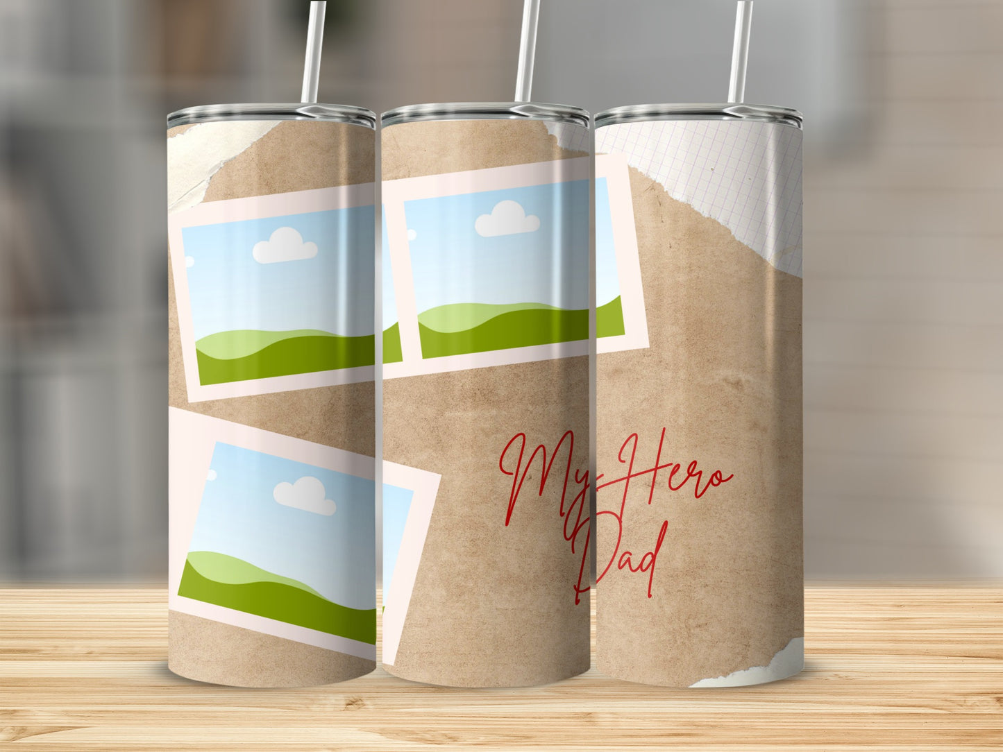 Tumbler with torn paper design, photos, and "My Hero Dad" text.
