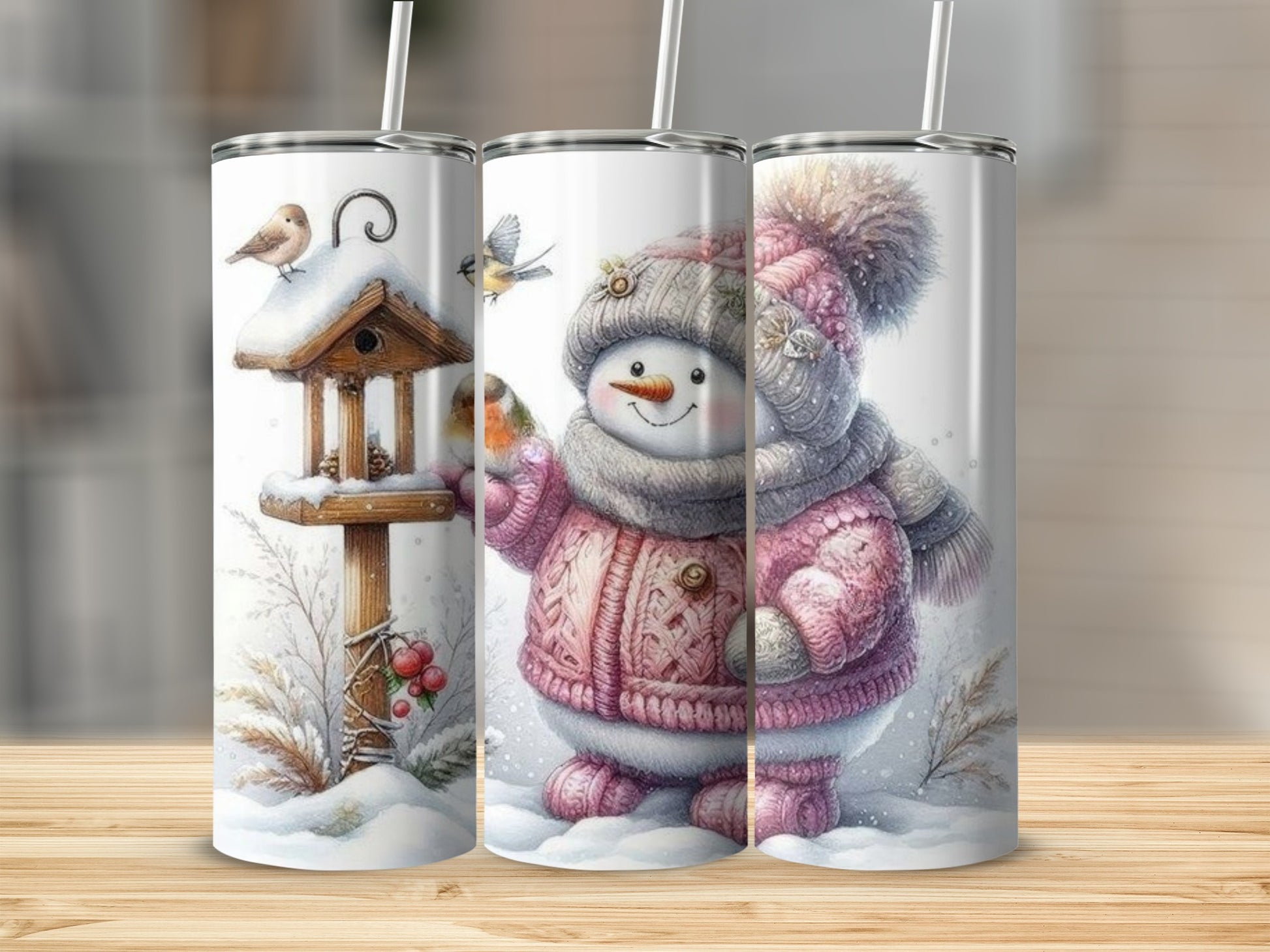 Cute Snowman with Birds Insulated Tumbler Cup