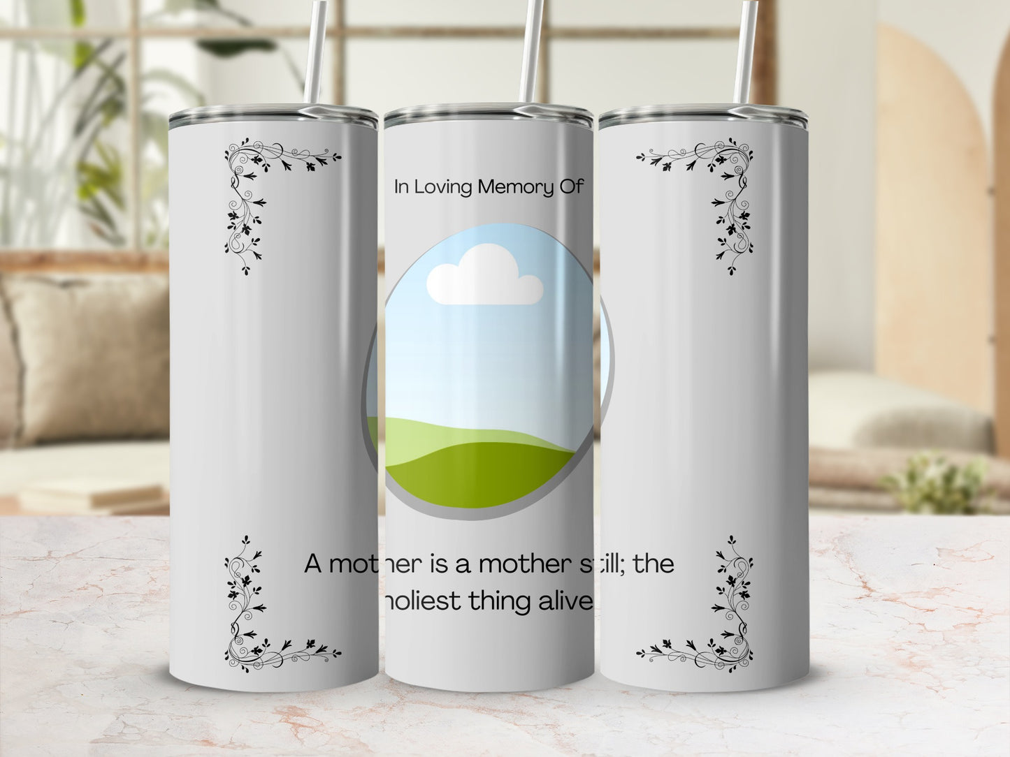 White tumblers with floral accents, one inscribed "In Loving Memory Of."