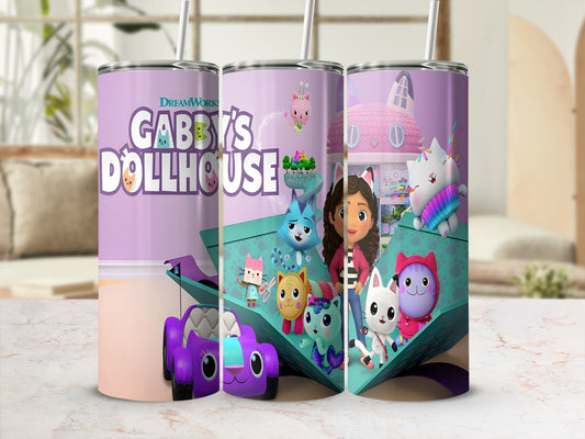 Gabby's Dollhouse tumbler with characters and a purple toy car.