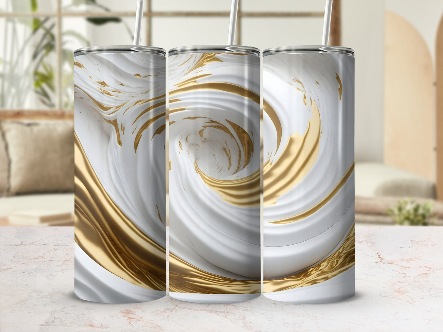 Three tumblers with white and gold swirling abstract design.