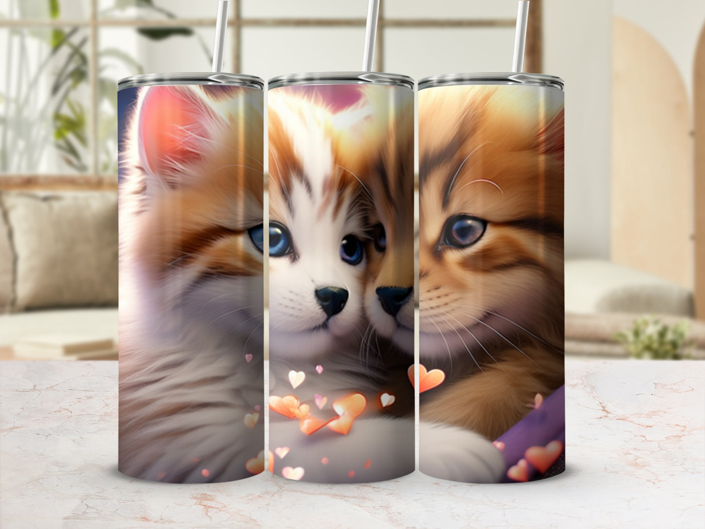 Two fluffy kittens with hearts, side-by-side on a marble surface.