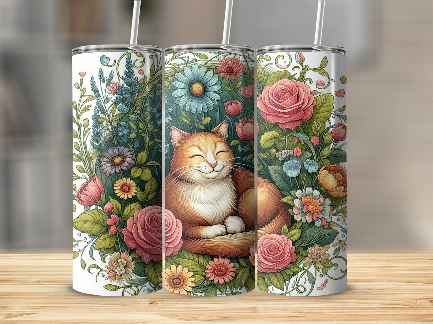 Orange tabby cat sleeping in a floral arrangement on a tumbler.