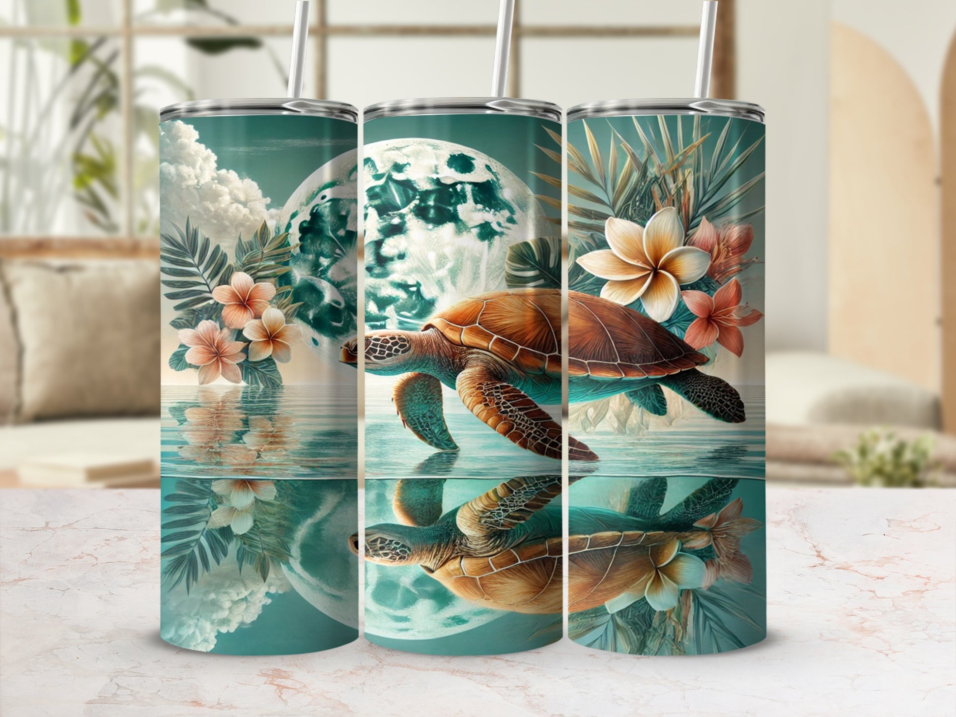 Tropical Turtle and Flowers Design Tumbler Cup