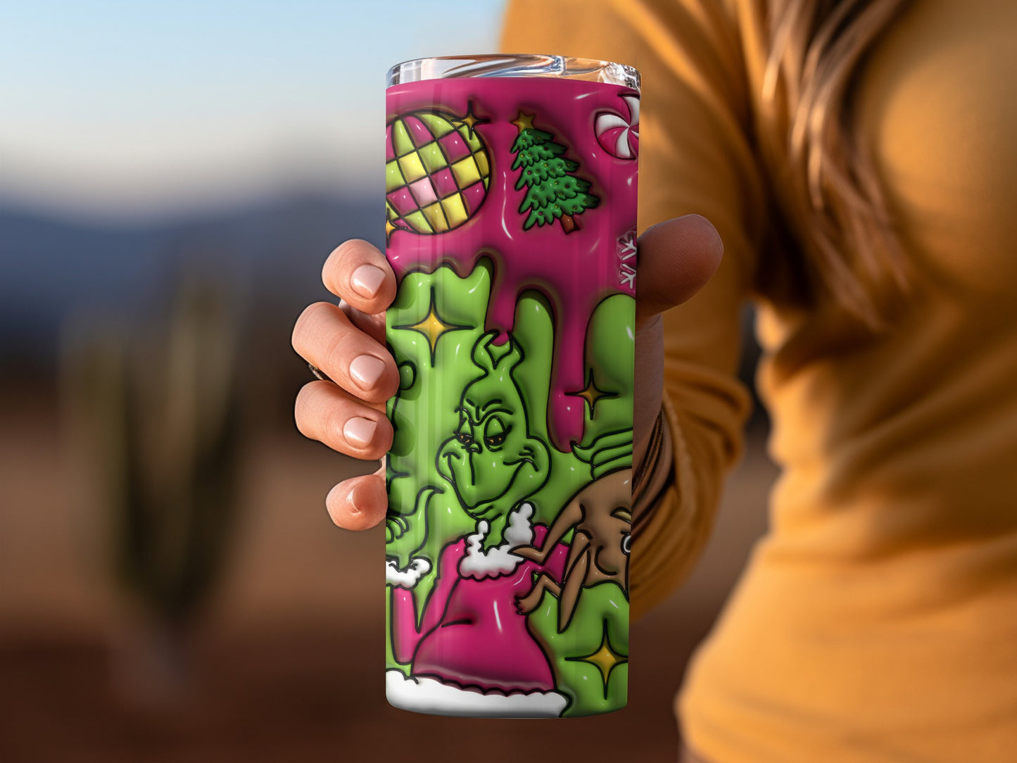 Grinch with Christmas Decor Skinny Tumbler Cup