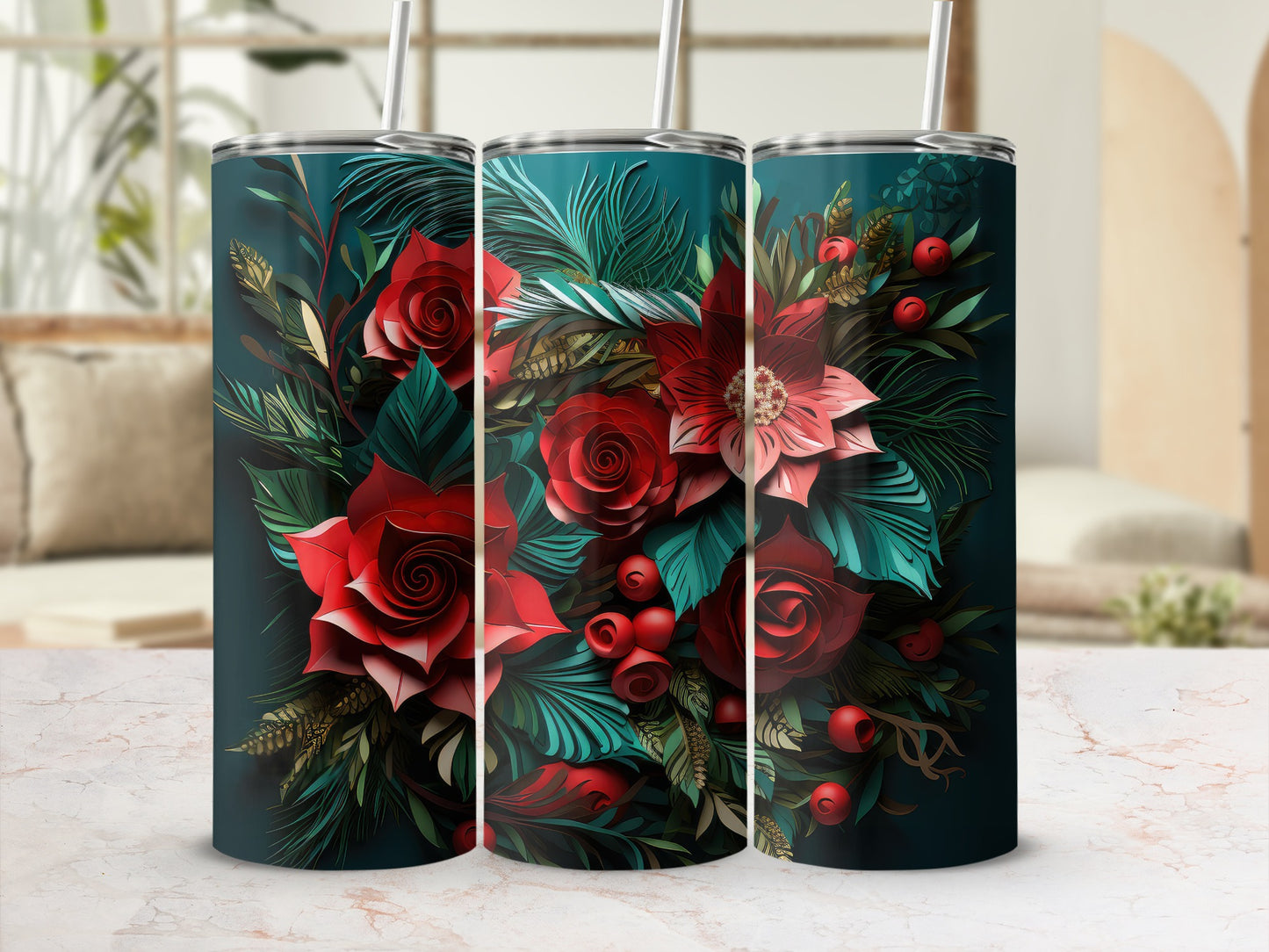 Three dark tumblers with red roses, poinsettias, and green foliage.