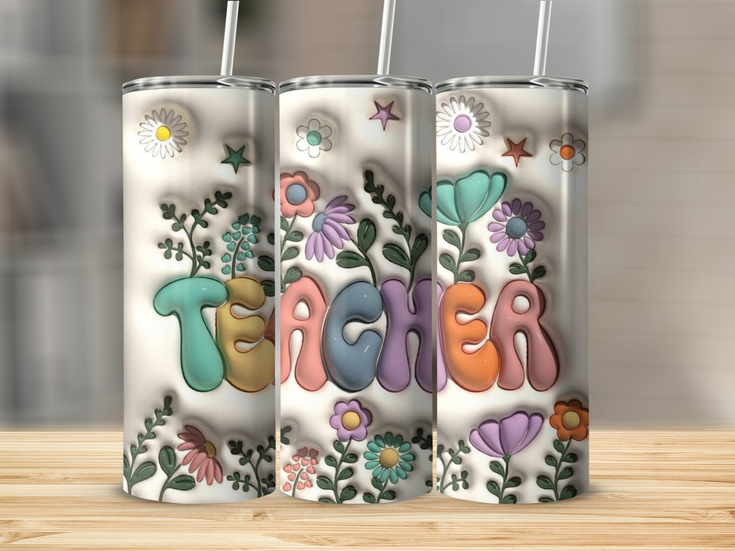 Colorful Floral Teacher Tumbler with Straw