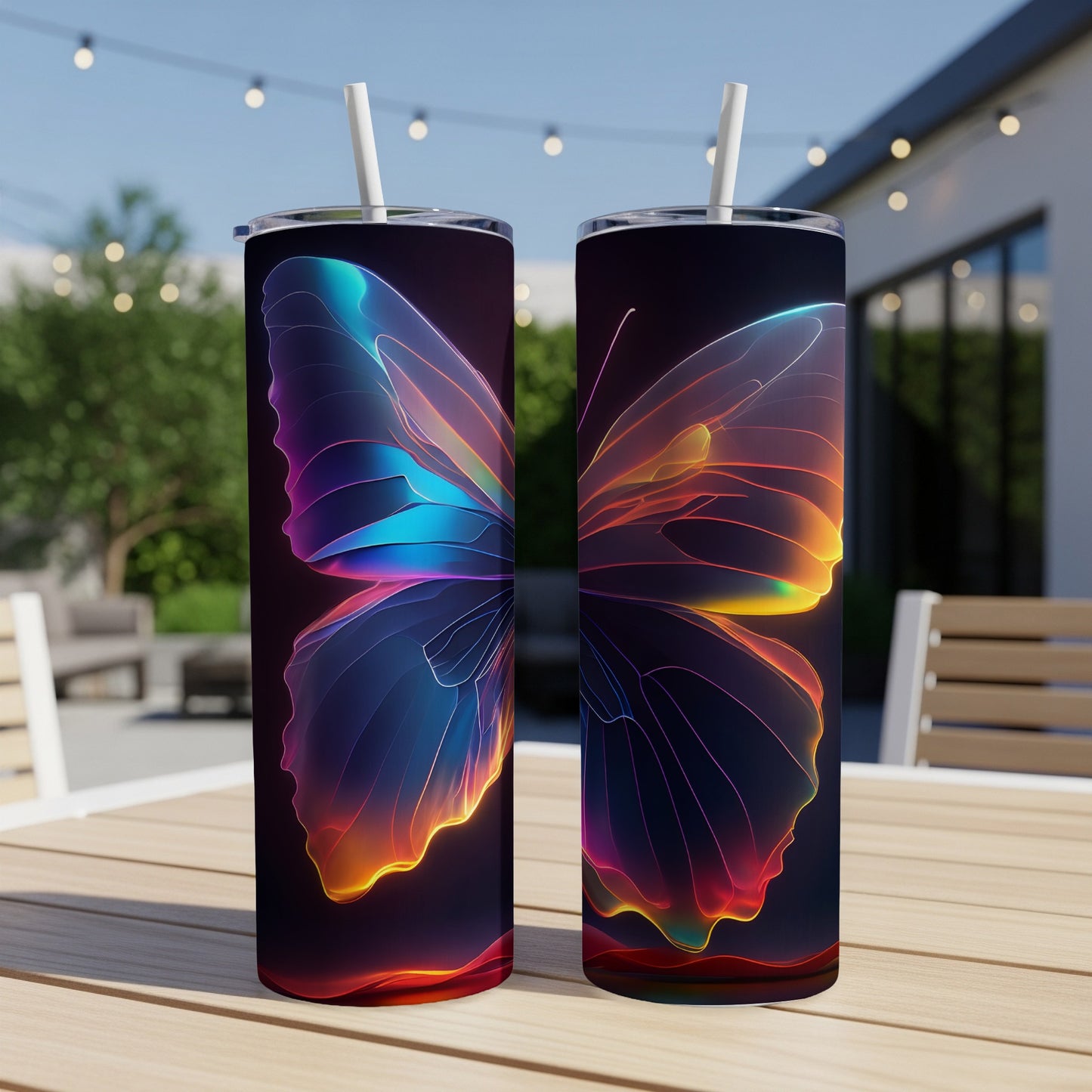 Two dark tumblers featuring a neon butterfly graphic.