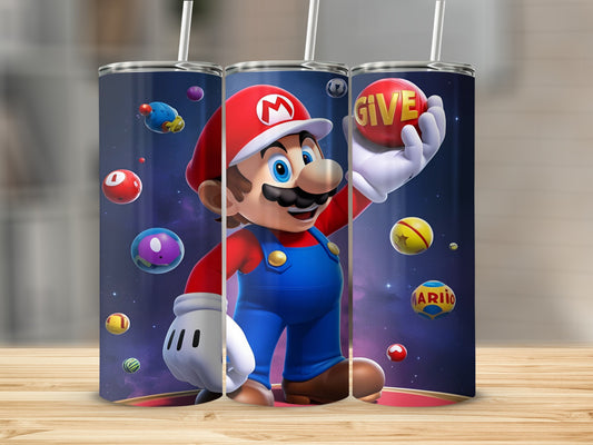 Mario holding a red "GIVE" ball surrounded by floating spheres.