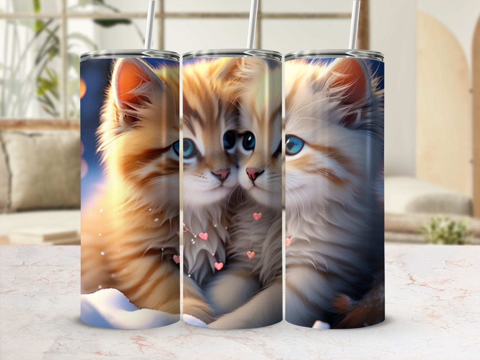 Three skinny tumblers with cute kittens and pink hearts.